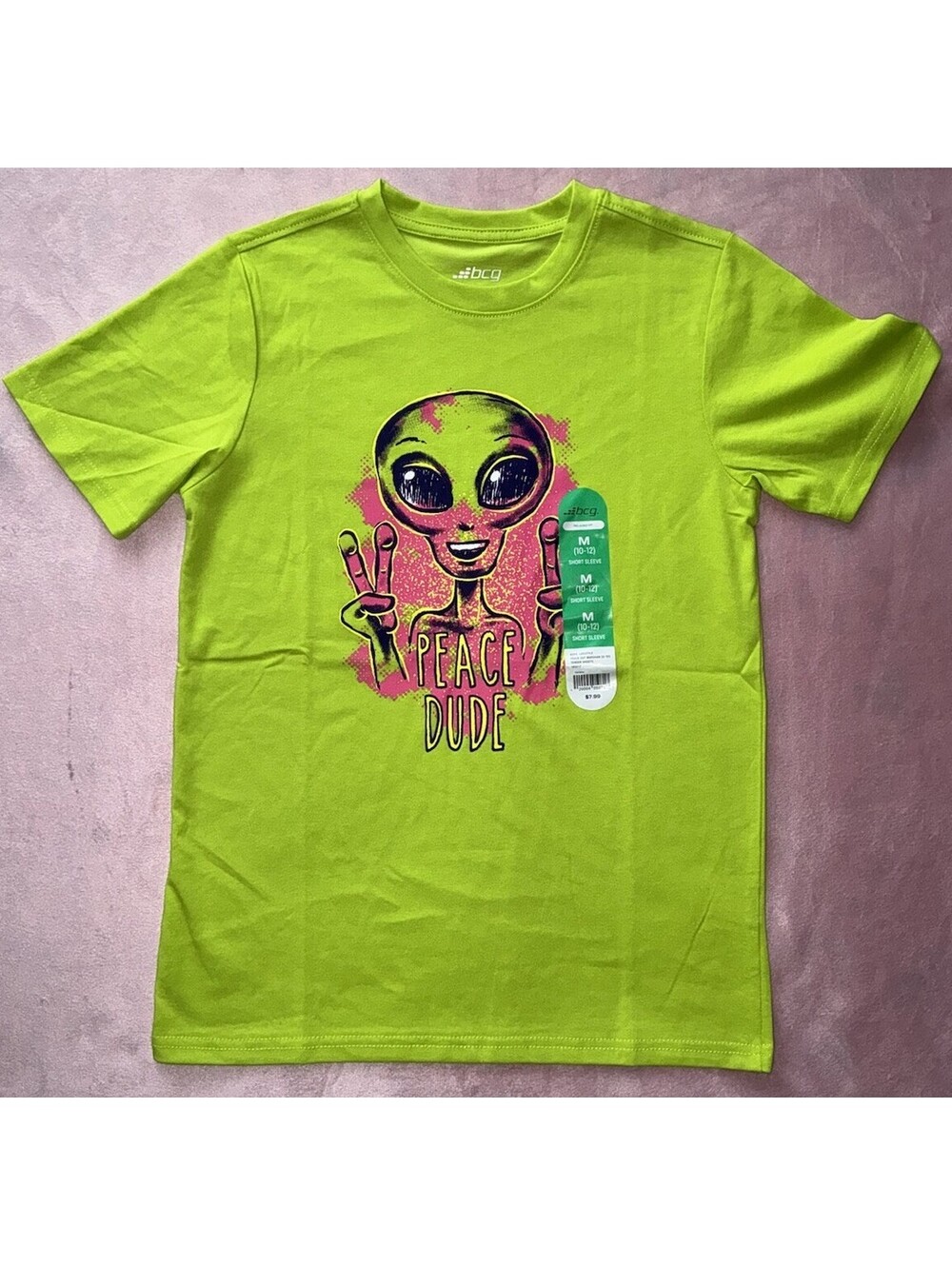 BCG Boys M 10-12 SS Lime Green Alien Shirt NWT